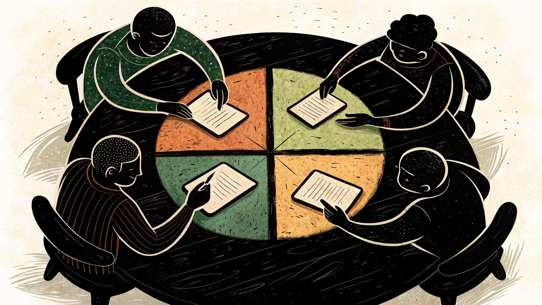 Vier leerlingen rond een groot vel papier dat is verdeeld in individuele vakken rondom een gedeeld midden voor groepsconsensus