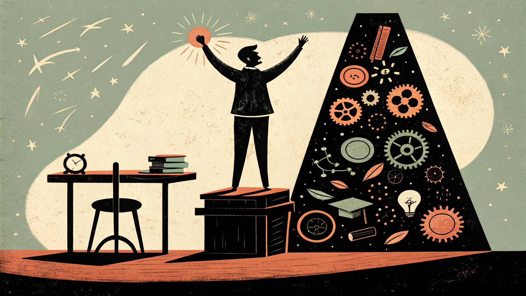 A classroom filled with glowing screens and tablets, with empty student desks, symbolizing technology without learning