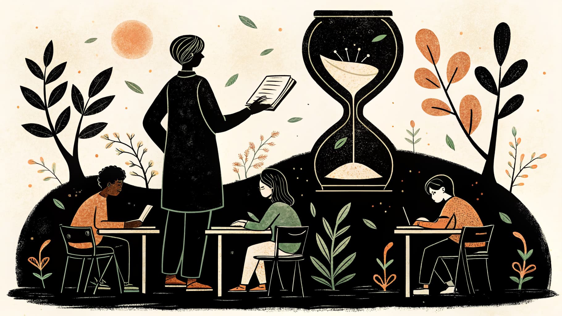 K-12 leerlingen die zelfstandig in bell ringer schriften schrijven terwijl hun leraar de presentie opneemt aan het begin van de les