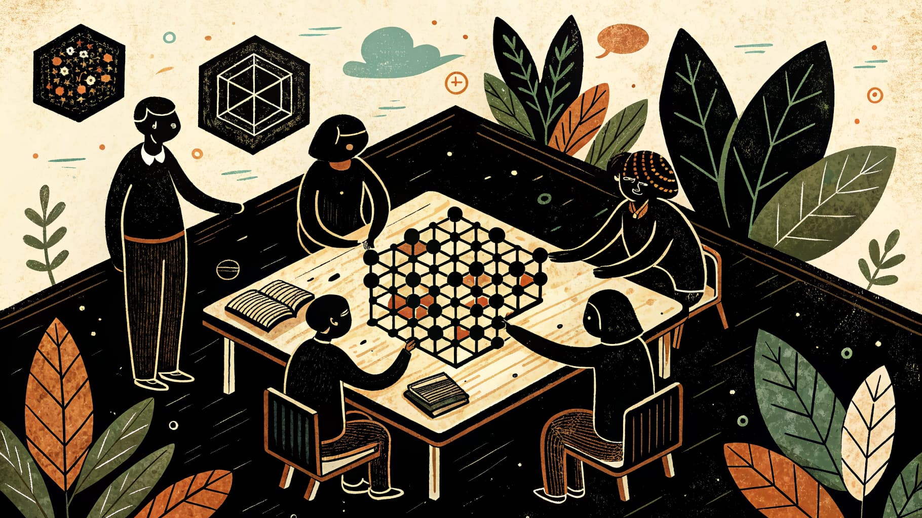 Studenti di scuola secondaria che lavorano in piccoli gruppi cooperativi intorno a un tavolo