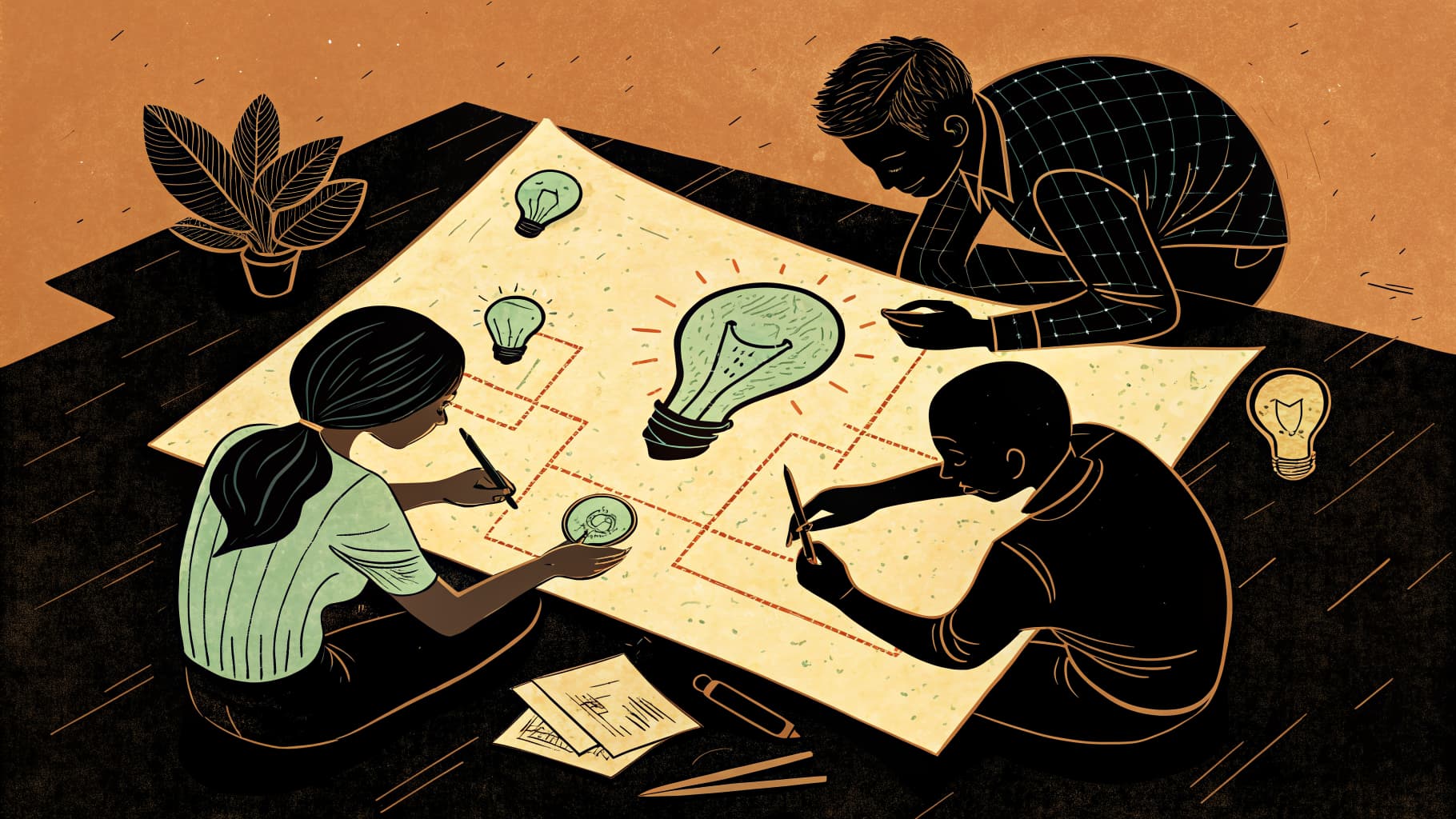 Quatro alunos reunidos em torno de uma grande folha de papel dividida em seções individuais em torno de um espaço central compartilhado para consenso do grupo