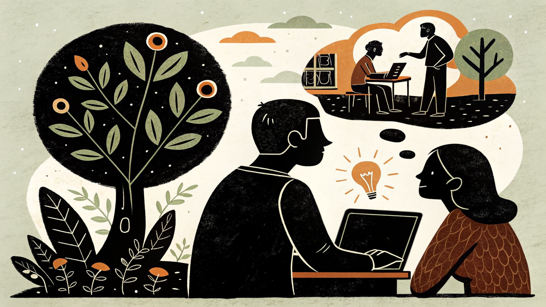 Dois alunos do ensino fundamental sentados juntos em uma mesa, discutindo uma atividade enquanto uma professora observa ao fundo