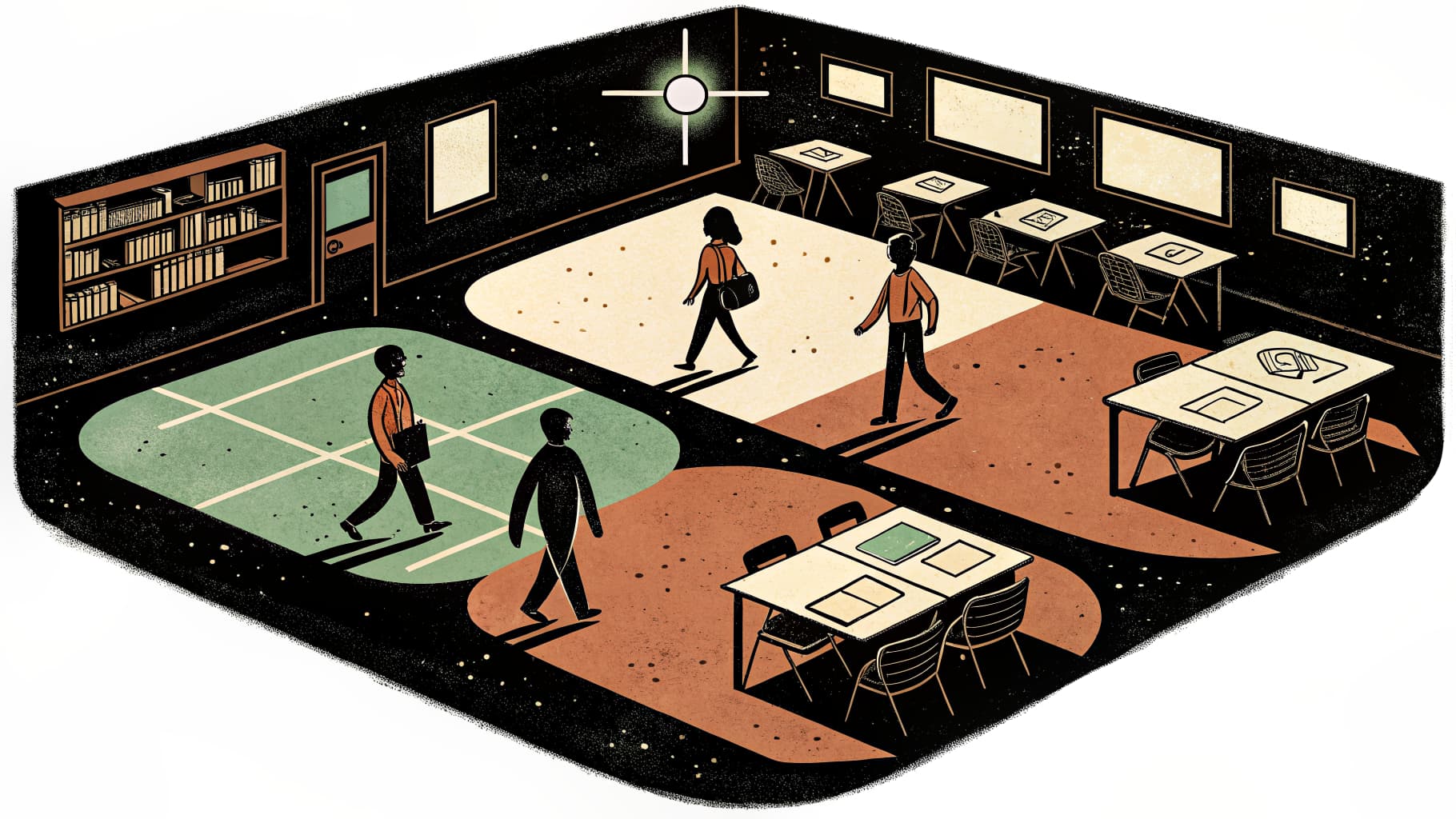 Studenti in piedi in diversi angoli di una classe luminosa durante un'attività di discussione dei quattro angoli