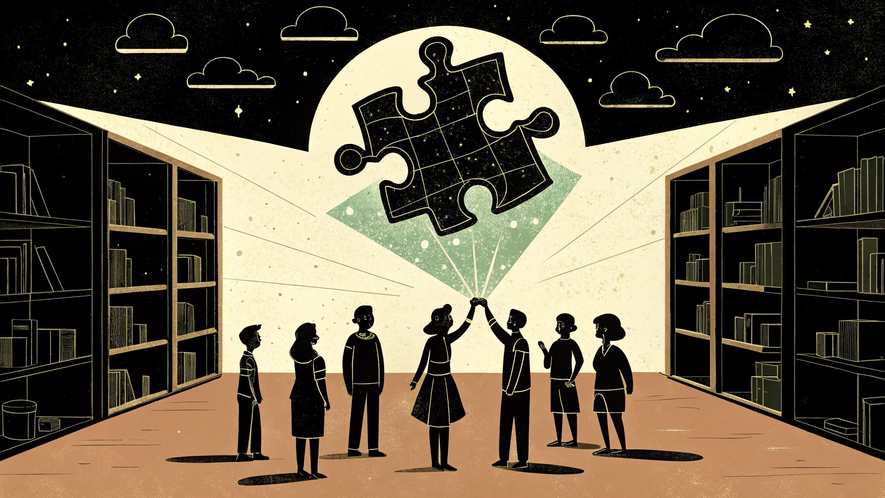 Pequenos grupos de alunos reunidos em mesas, trabalhando juntos em um problema complexo com papéis e diagramas espalhados à frente deles