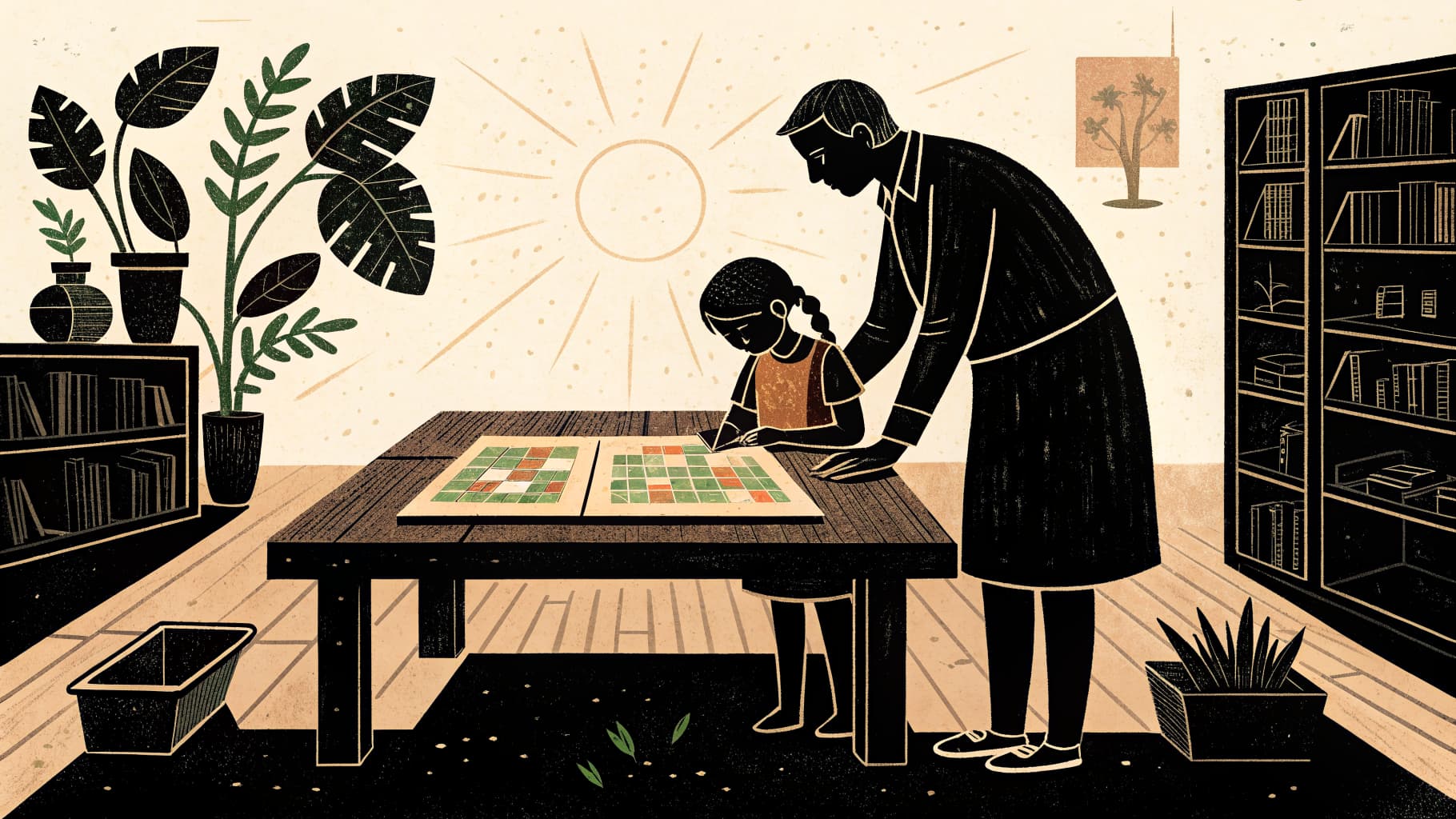 A teacher reviewing a standards-based grading rubric with students seated around a table in a bright classroom