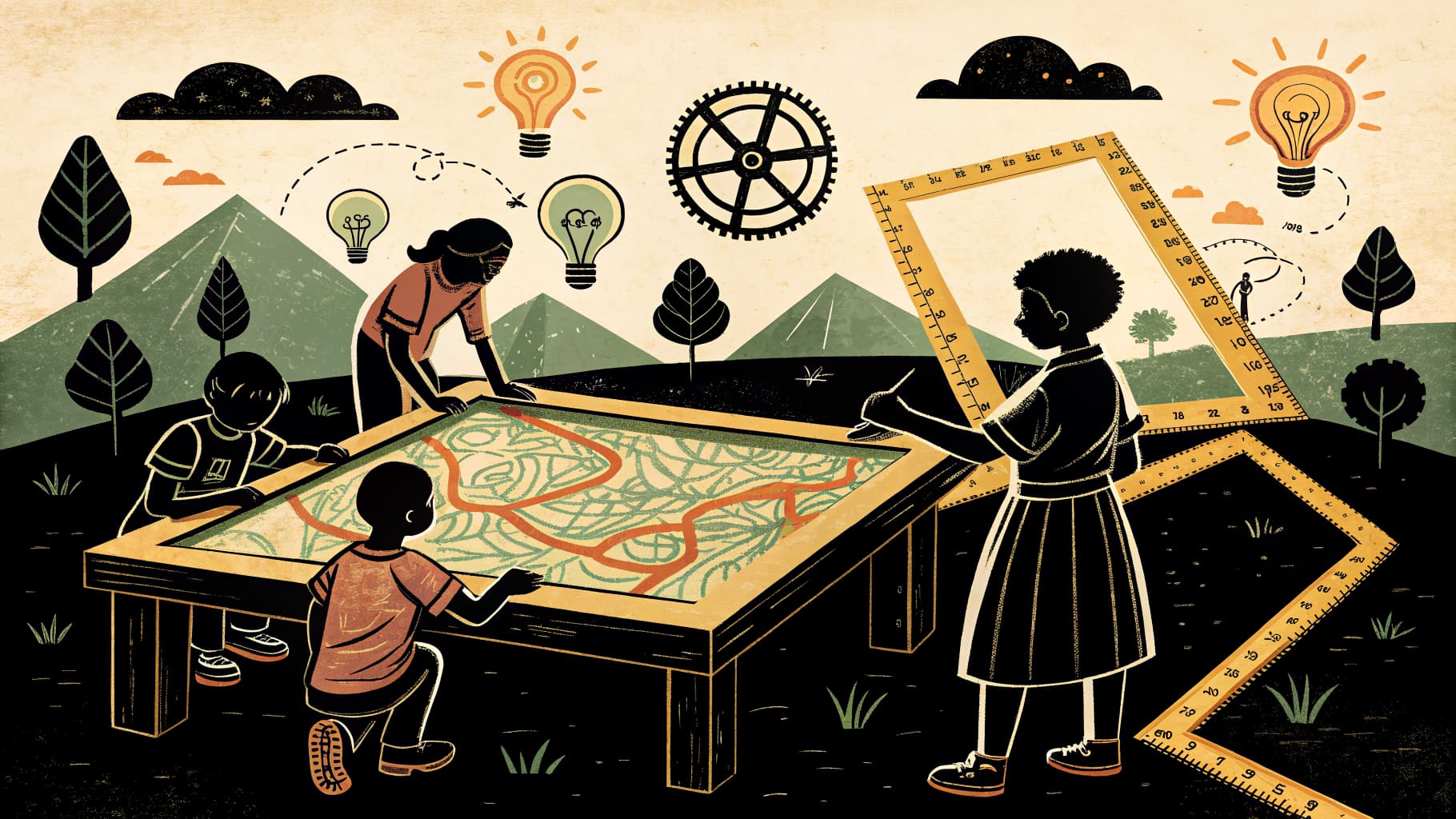 Alunos do ensino fundamental reunidos em torno de uma mesa analisando mapas e materiais de pesquisa durante uma atividade de aprendizagem baseada em problemas