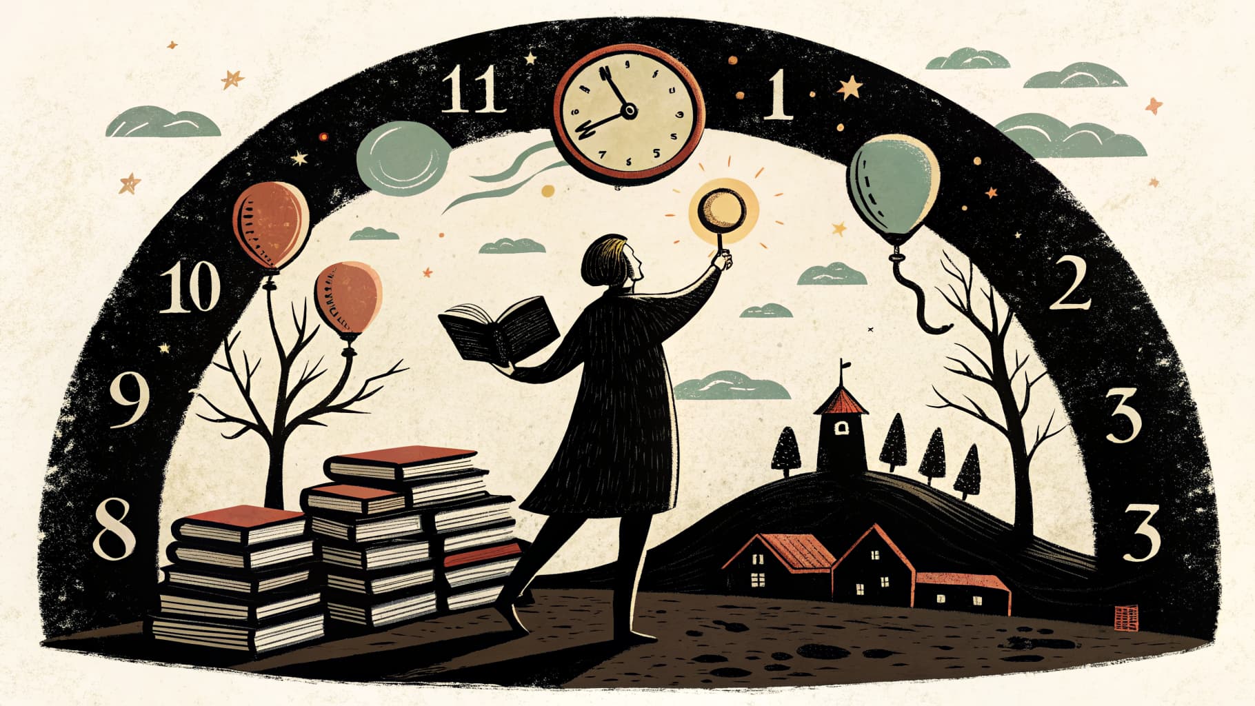 Uma professora cercada por pilhas de papéis, um laptop e materiais de planejamento em uma mesa tarde da noite