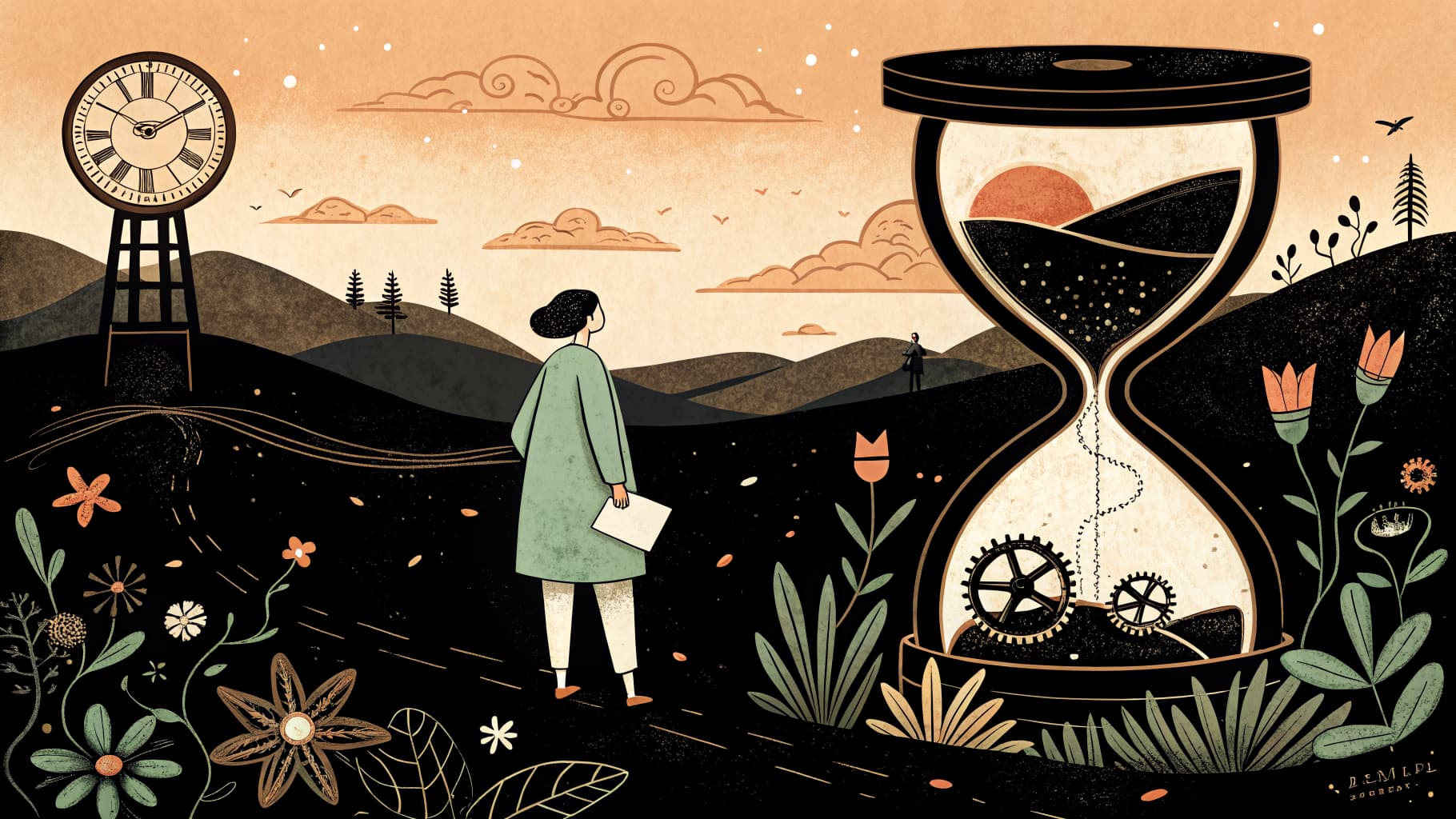 A teacher surrounded by stacks of papers, a laptop, and planning materials at a desk late in the evening