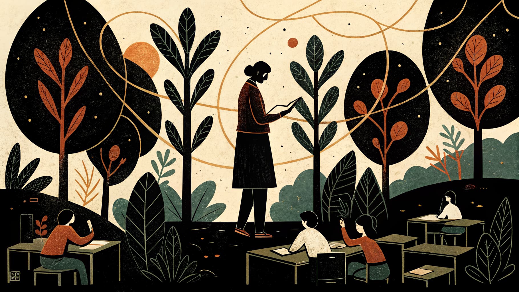 Une enseignante facilitant calmement une discussion structurée en classe avec des élèves engagés, assis à des bureaux disposés de manière collaborative.