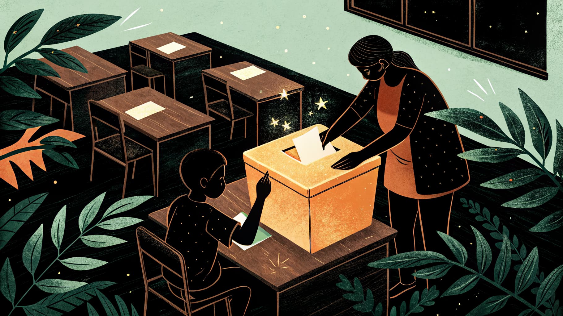 Una profesora revisando tickets de salida en notas adhesivas de colores en una pizarra tras una lección de primaria