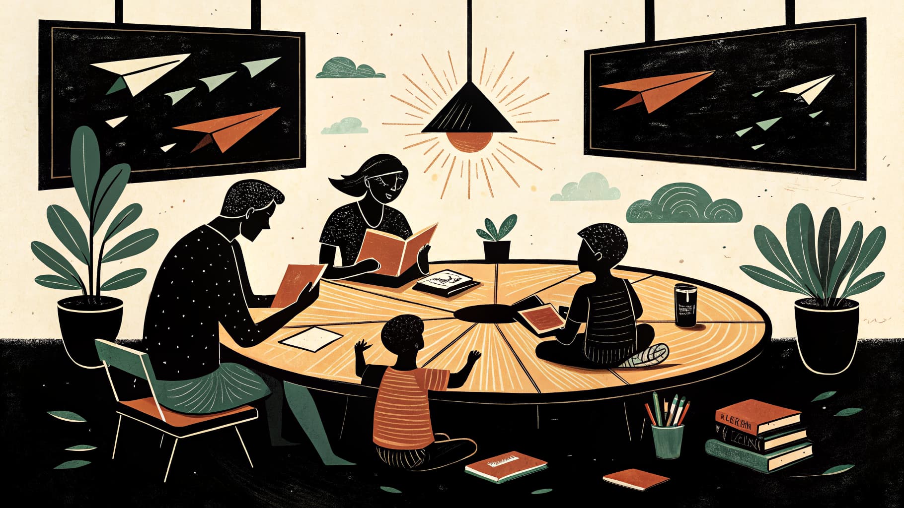 Alunos engajados em uma discussão colaborativa em sala de aula sem smartphones visíveis nas mesas