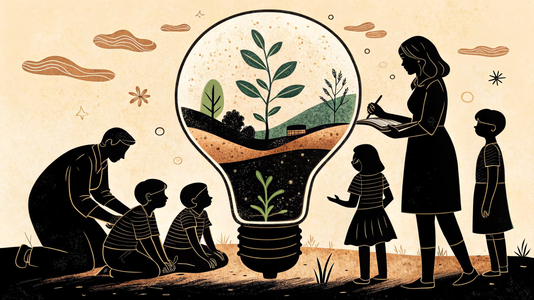 Alunos trabalhando em grupo em torno de uma mesa, construindo protótipos com materiais simples em sala de aula.