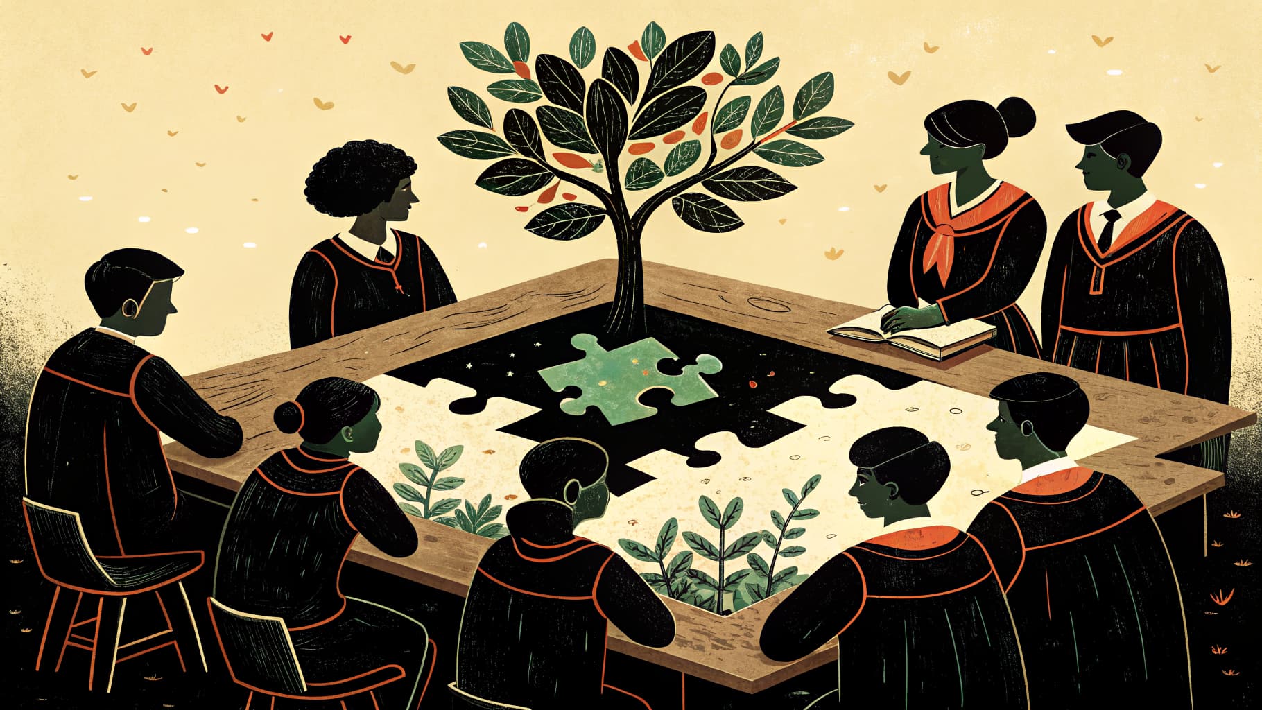 Estudiantes mexicanos de secundaria trabajando en equipos alrededor de mesas con materiales de clase