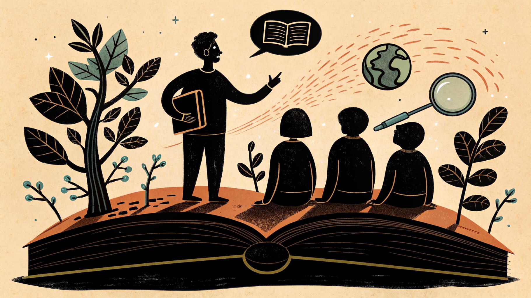 Professora orientando alunos do Ensino Fundamental em atividades de português com textos e materiais coloridos sobre a mesa