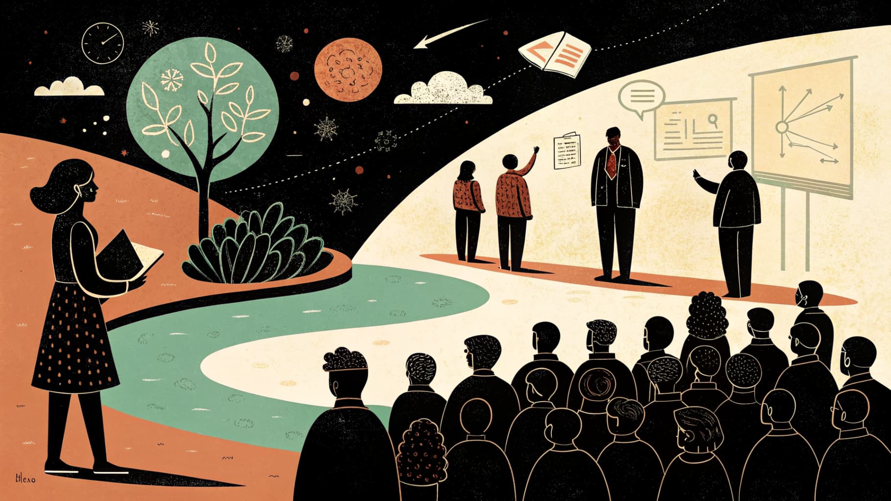 Élèves debout à différents points le long d'une ligne de spectre sur le sol de la classe lors d'une activité de discussion de baromètre humain