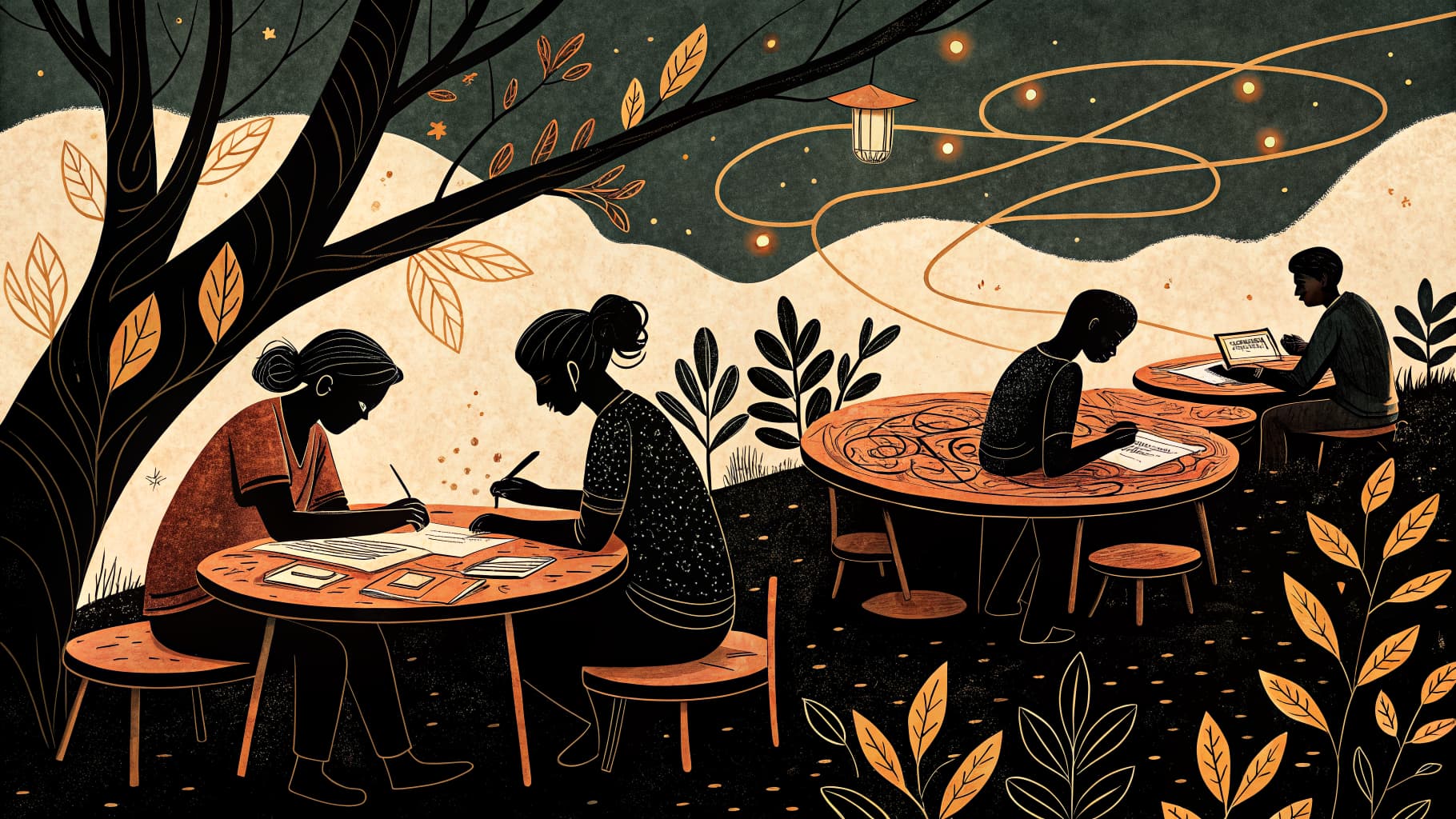 Élèves réunis autour de petites tables recouvertes de papier, écrivant et discutant d'idées dans une configuration de classe World Café