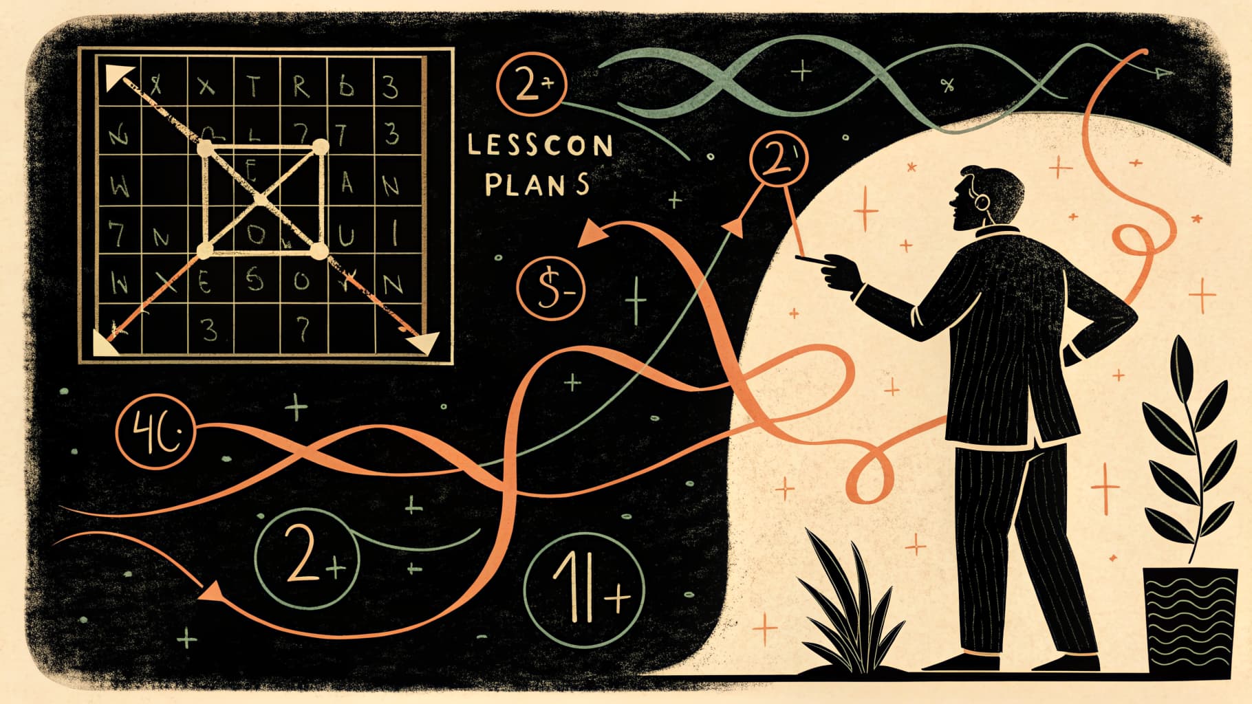 Uma professora esboçando uma estrutura de aula flexível em um quadro branco cercada de post-its representando atividades centradas no aluno