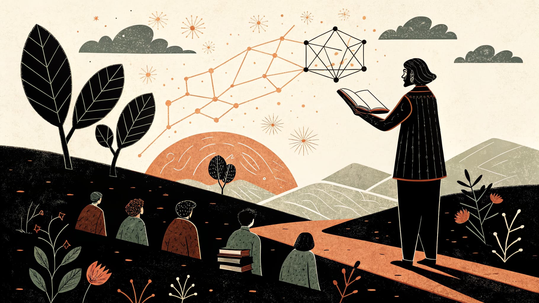 Professor a planear uma aula com documentos das Aprendizagens Essenciais sobre a mesa, com alunos ao fundo numa sala de aula portuguesa