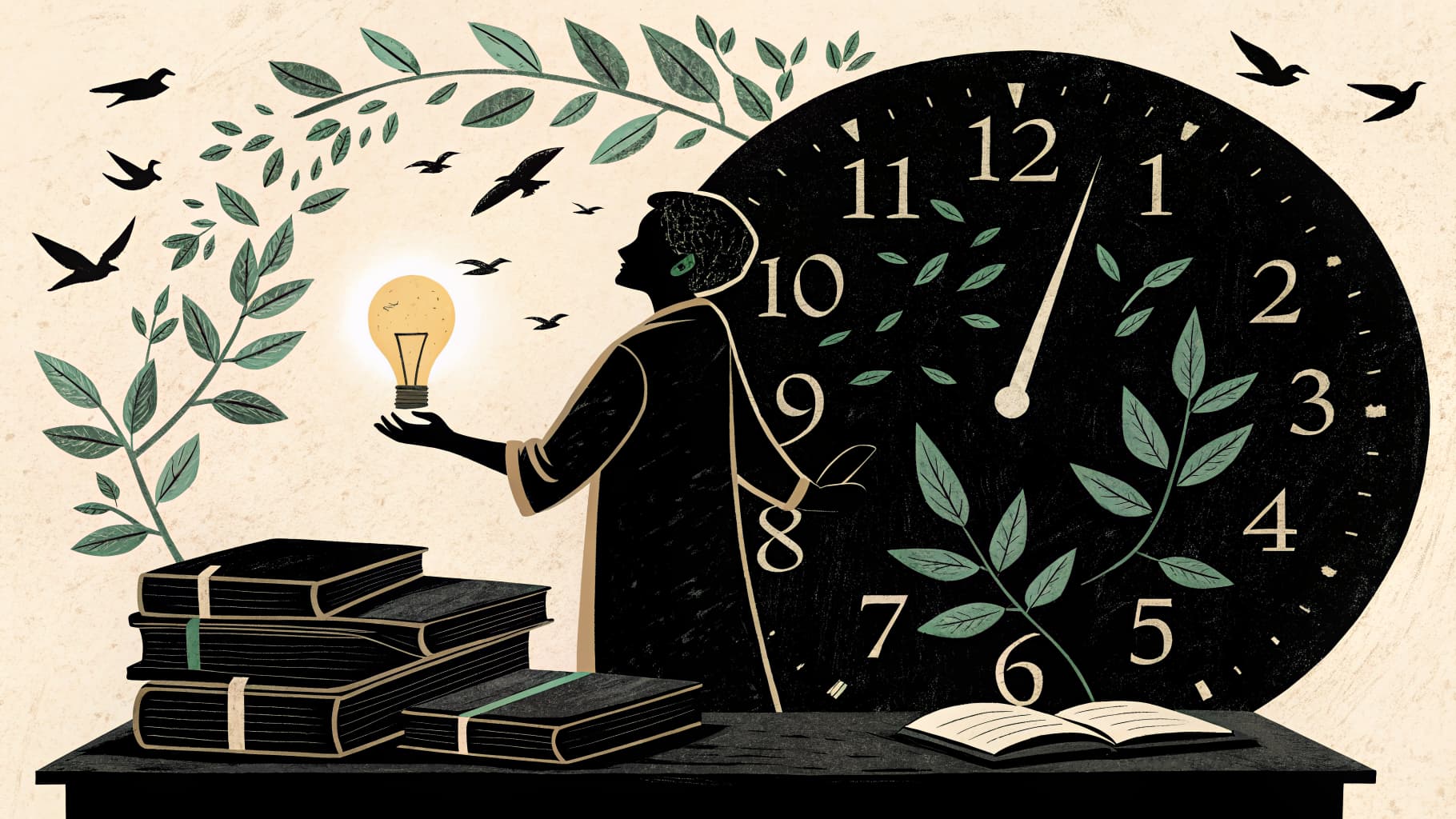 Um professor exausto sentado em uma mesa tarde da noite cercado por planos de aula, papéis e um laptop aberto