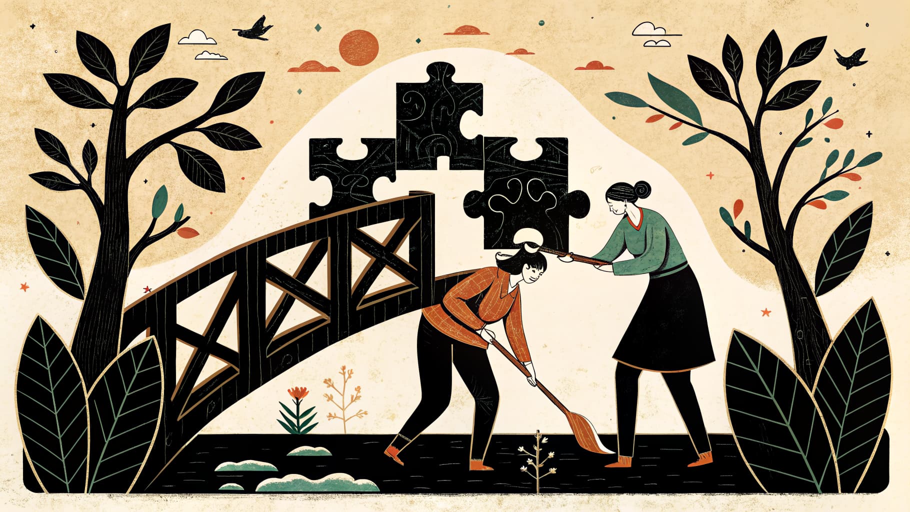 Uma professora circulando entre grupos de alunos trabalhando em mesas numa sala iluminada, alguns grupos em discussão animada, outros com expressão de incerteza