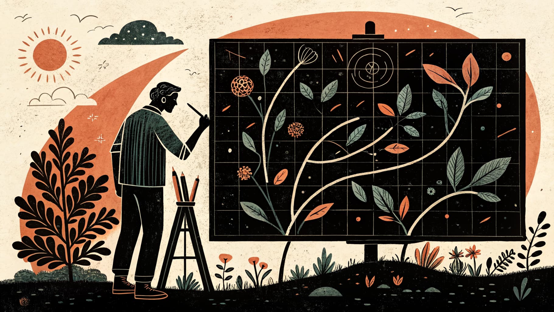 K-12 students working on diverse art projects including painting, observational drawing, and digital design in a bright classroom