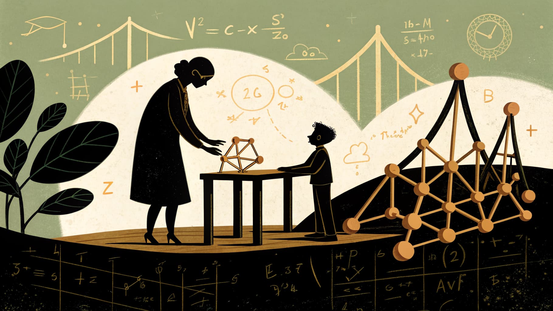 A math teacher reviewing K-12 lesson plans alongside a tablet displaying AI-generated lesson outlines and standards alignment tools