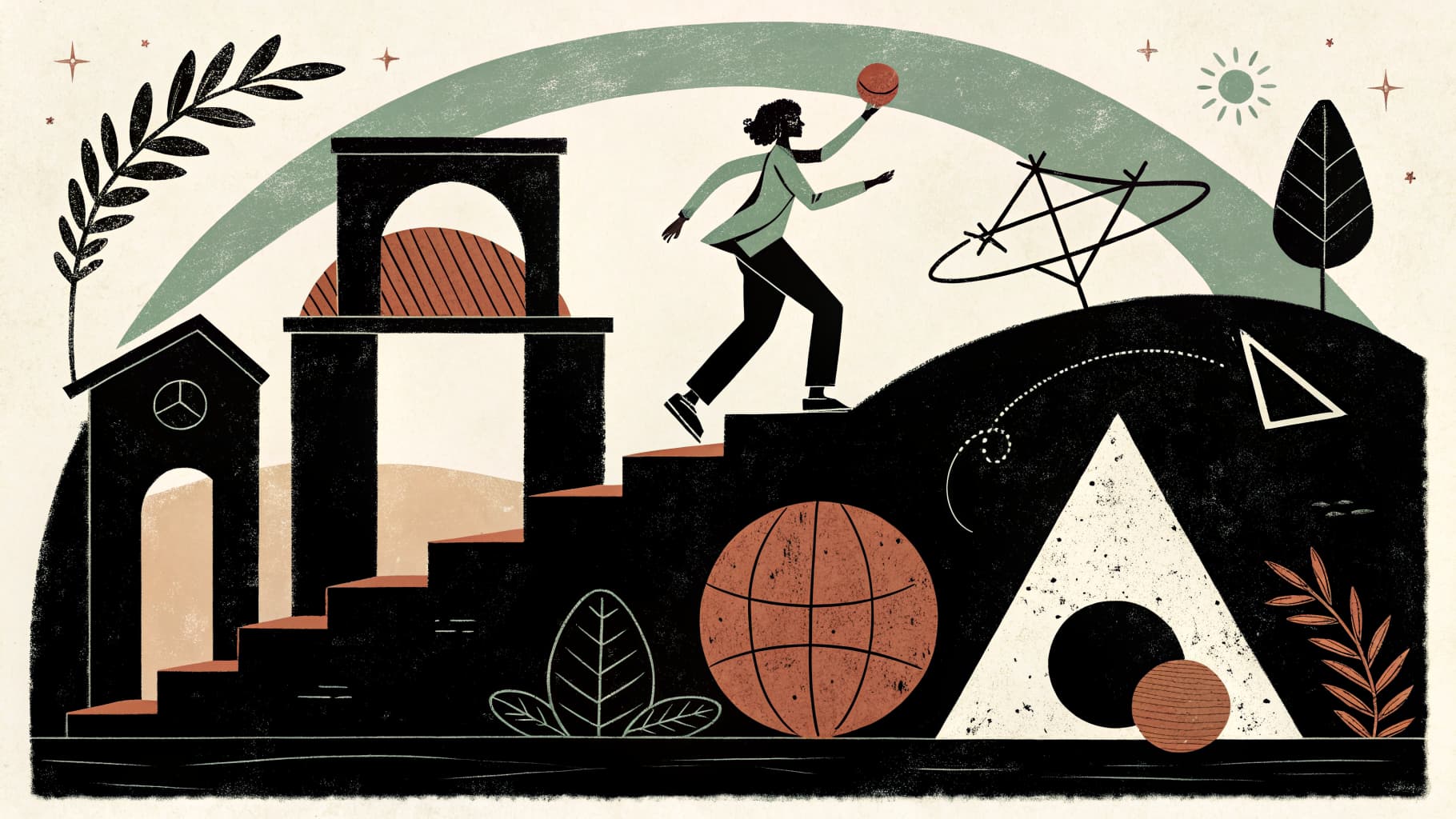 Elementary students participating in an active PE lesson in a gym, with a teacher guiding movement activities.