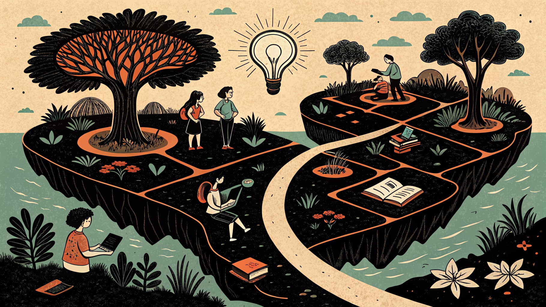 Alunos do ensino fundamental trabalhando em pequenos grupos em estações de aprendizagem designadas em uma sala de aula iluminada