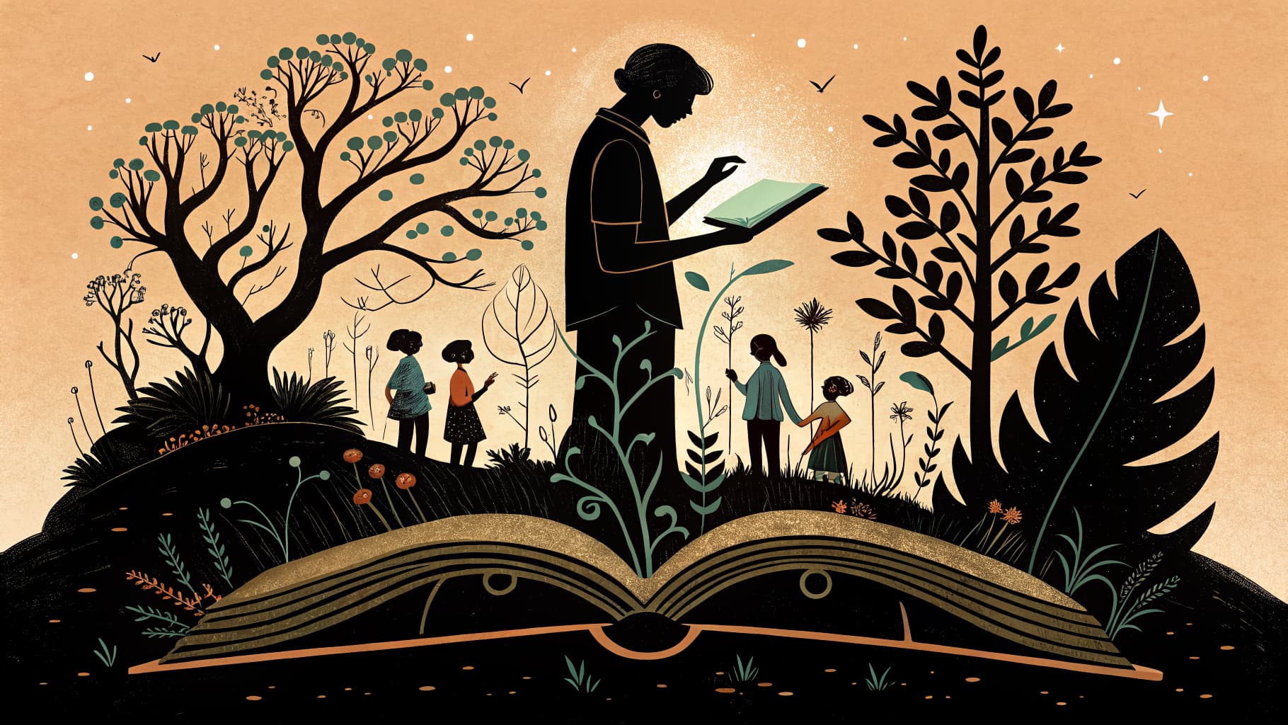 Docente de primaria guiando a estudiantes en una actividad de lectura compartida en el aula