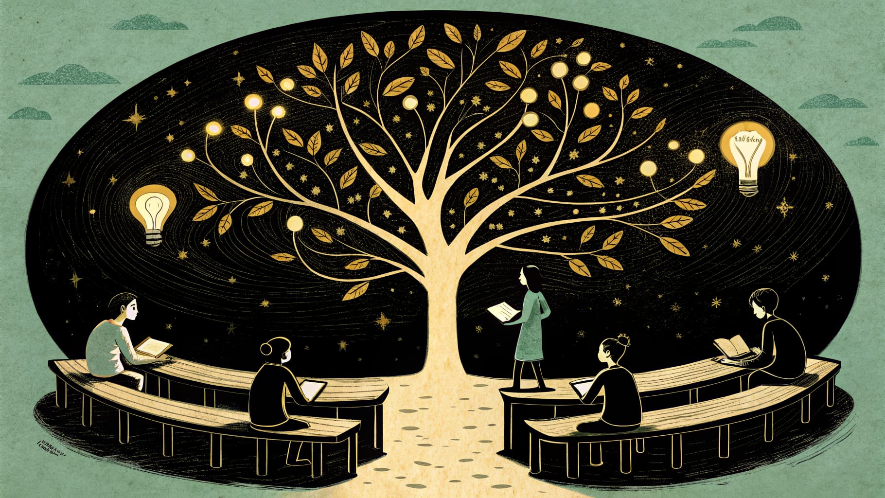 A teacher and students collaborating around a tablet in a modern classroom with AI interface elements on screen