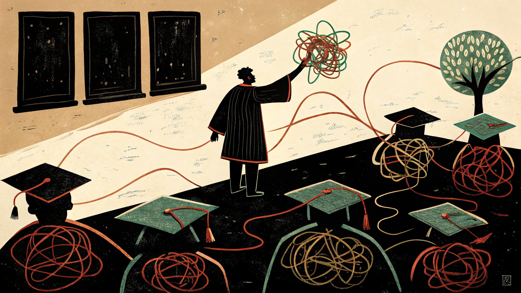 A teacher circulating among groups of students working at tables in a bright classroom, some groups engaged in discussion, others looking uncertain