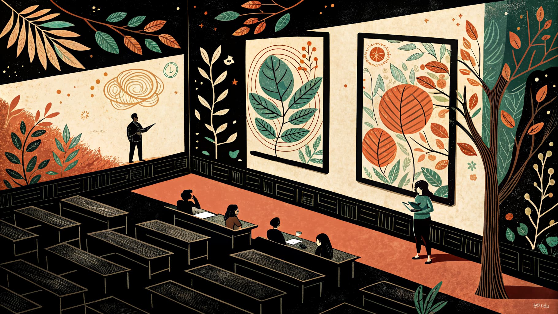 Studenti riuniti attorno a cartelloni appesi alle pareti durante un gallery walk, scrivendo e discutendo in piccoli gruppi