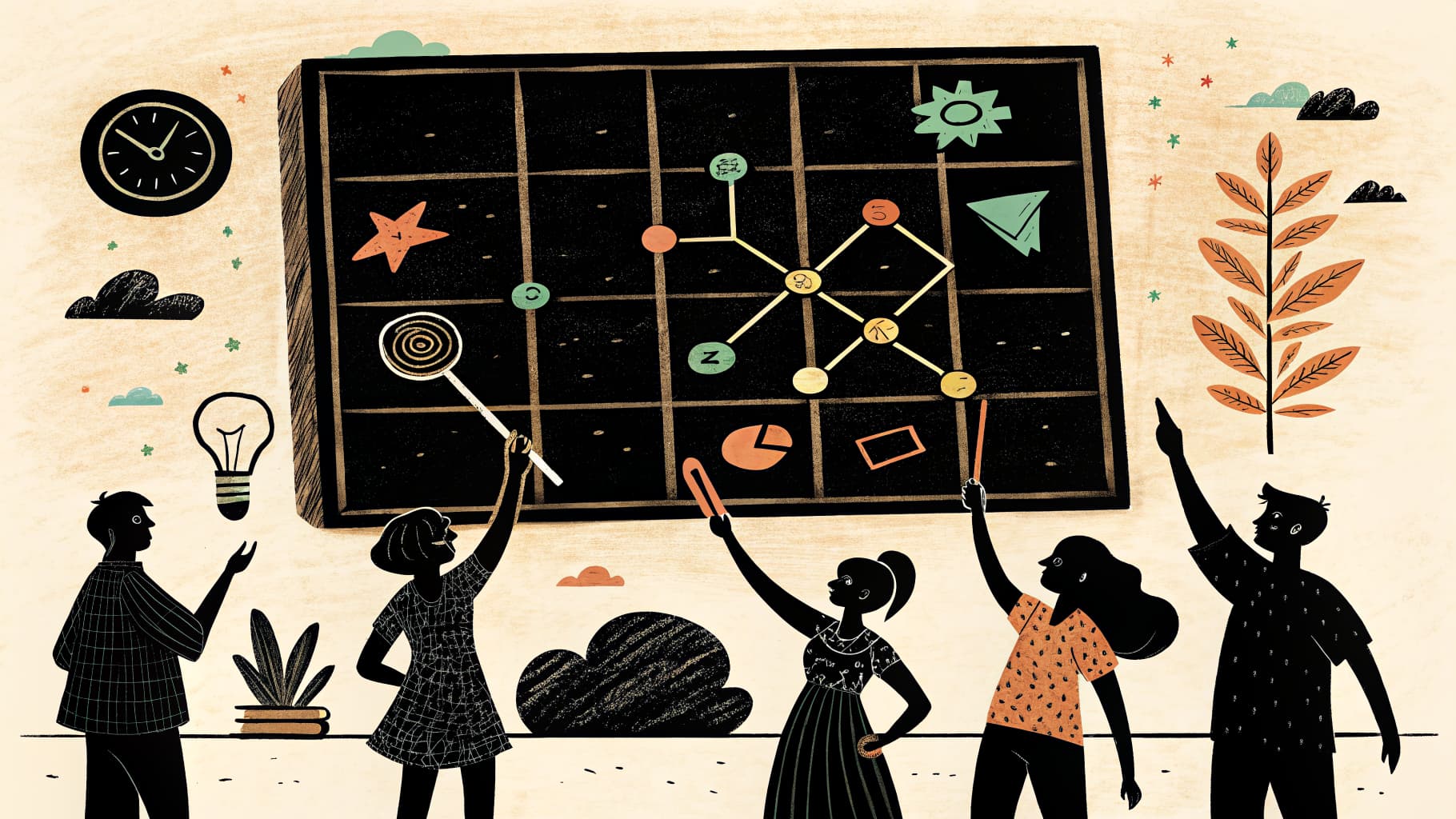 Um quadro de escolhas colorido no estilo jogo da velha exibido em um quadro branco de sala de aula com opções de atividades para alunos e uma rubrica postada ao lado