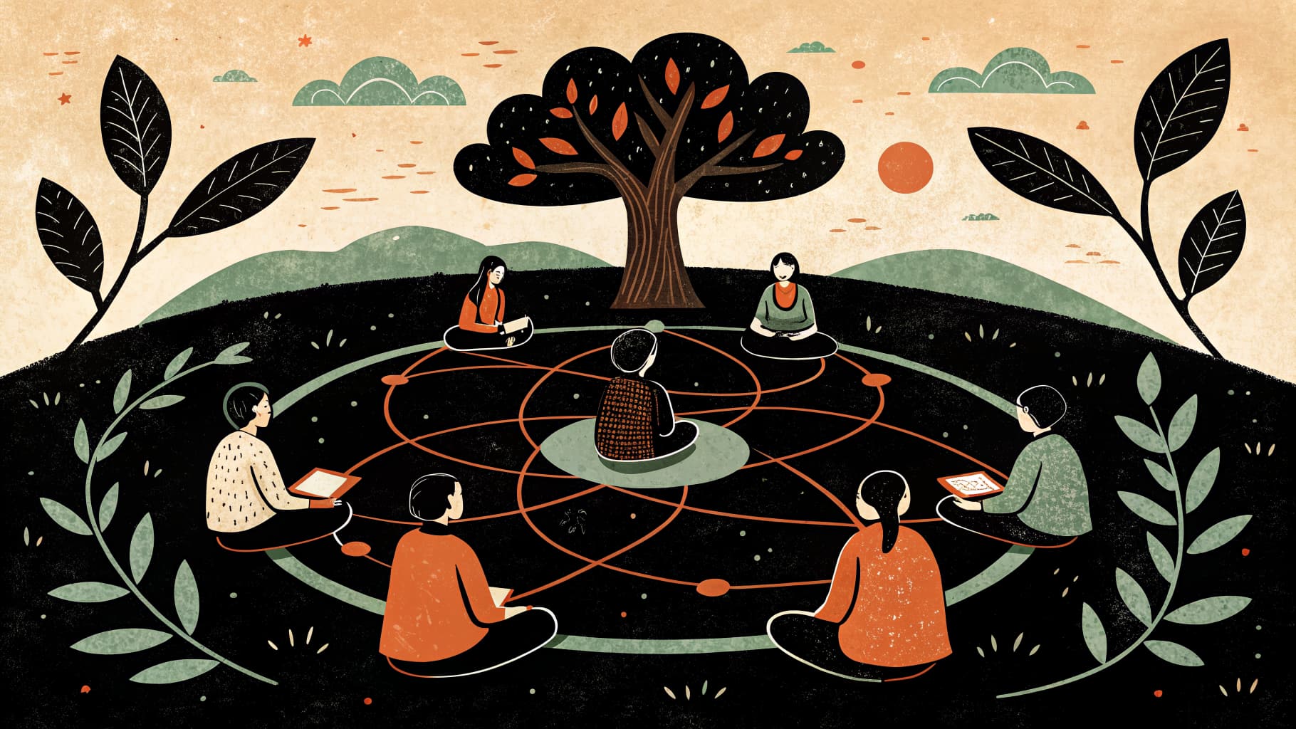 Alunos sentados em círculos concêntricos durante uma discussão fishbowl em uma sala de aula moderna