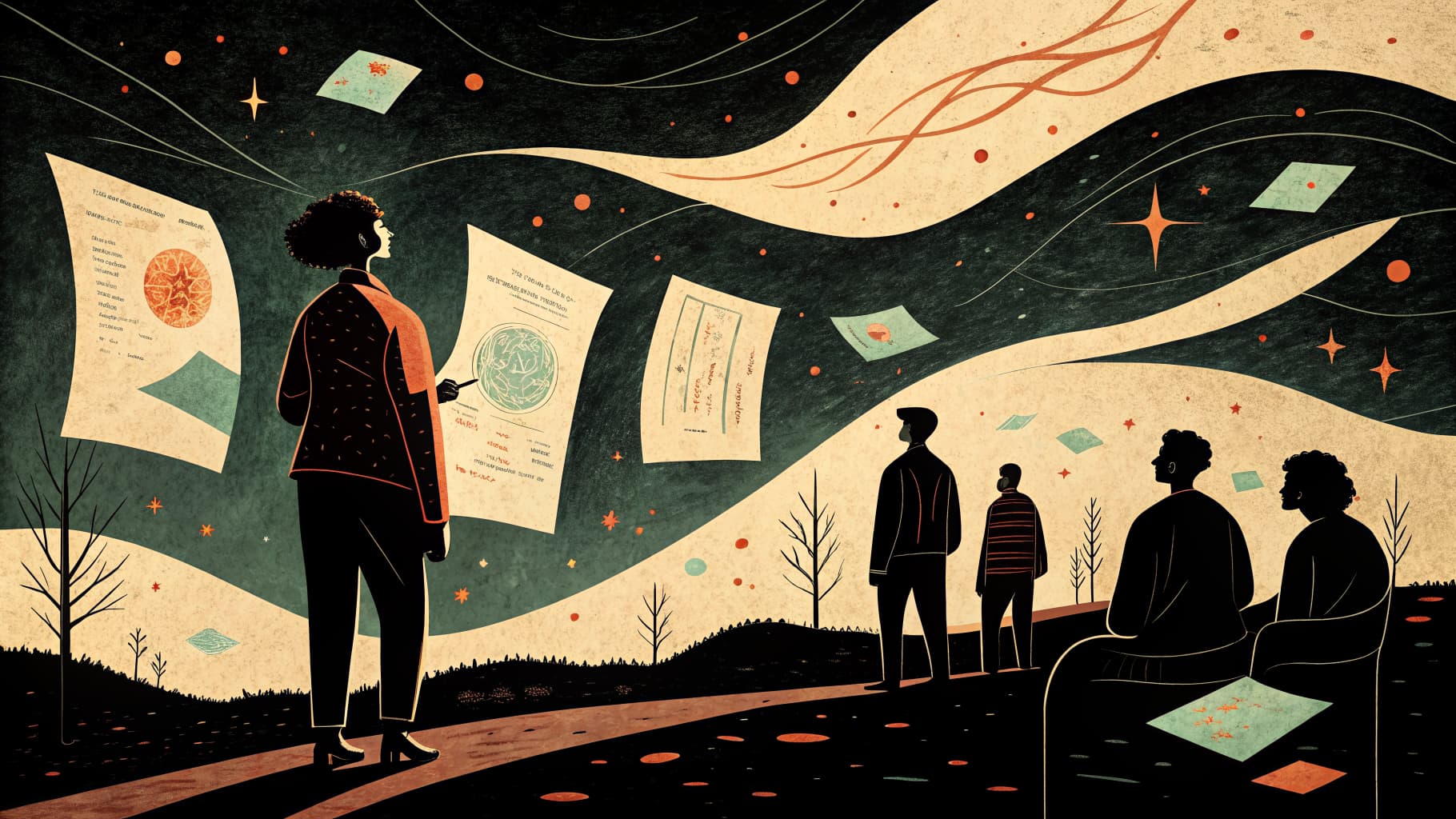 Alunos reunidos em torno de cartazes fixados na parede durante um gallery walk, escrevendo e discutindo em pequenos grupos