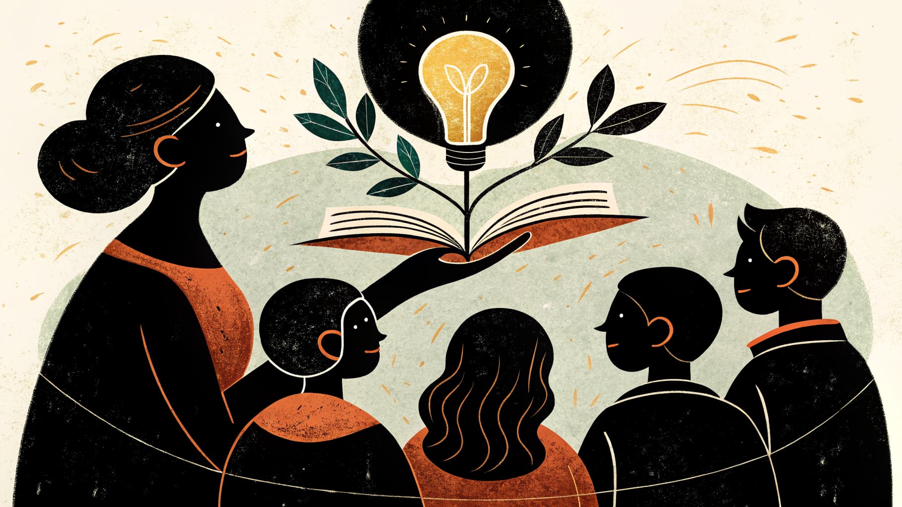 Uma professora facilitando uma discussão animada com alunos em uma sala de aula, com estudantes sentados em círculo e levantando as mãos para contribuir com ideias.