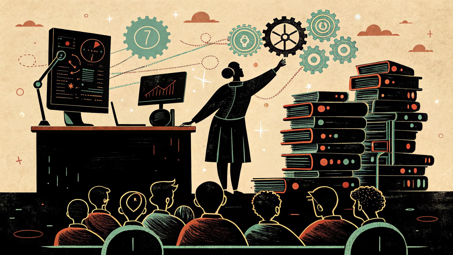 Uma sala de aula repleta de telas e tablets brilhantes, com carteiras de alunos vazias — simbolizando tecnologia sem aprendizagem