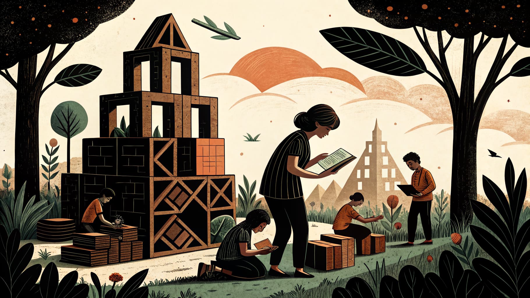 Estudantes brasileiros colaborando em projeto coletivo, com professor atuando como mediador em sala de aula da rede pública