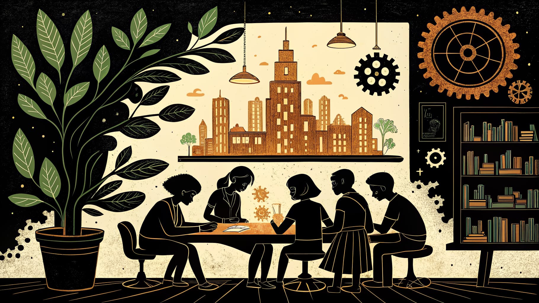 Estudiantes colaborando en un proyecto en un aula moderna K-12, trabajando en mesas con bocetos y laptops