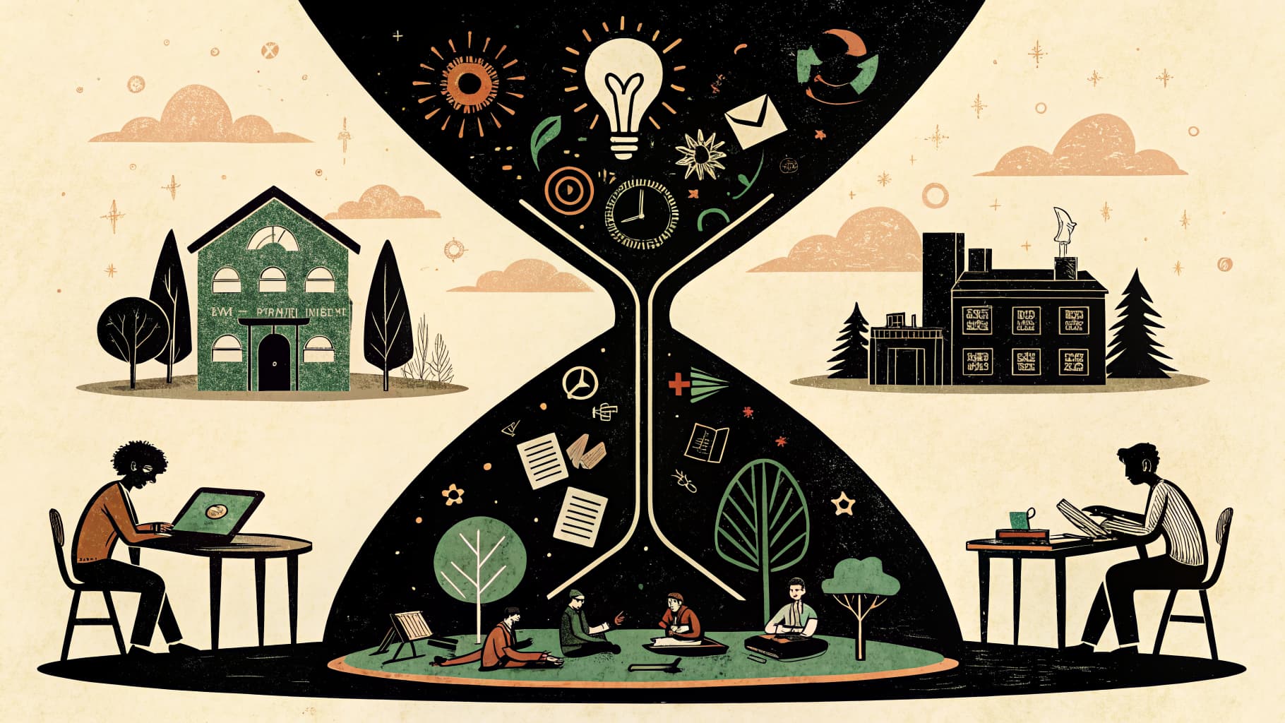 Professor mediando debate em grupo enquanto alunos trabalham com tablets e cadernos em sala de aula colaborativa