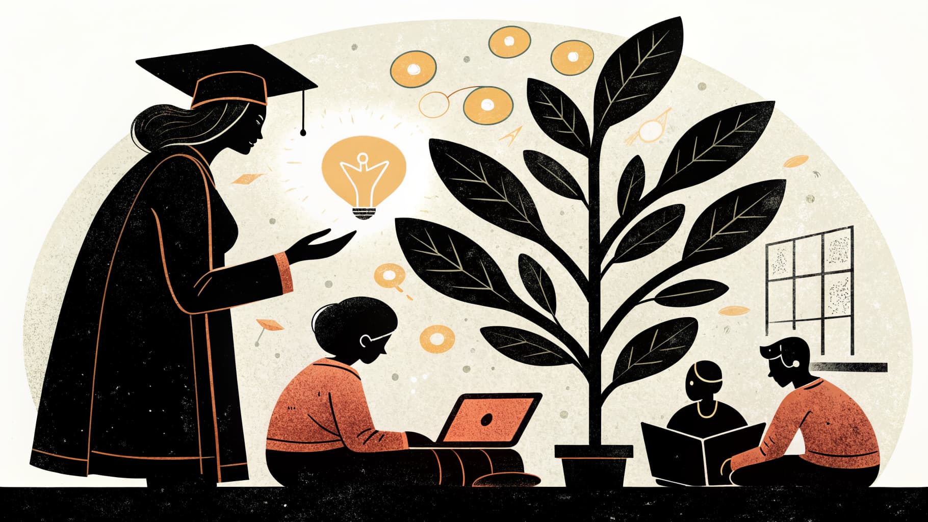 Lärare diskuterar lärande med elever runt ett bord i ett modernt klassrum