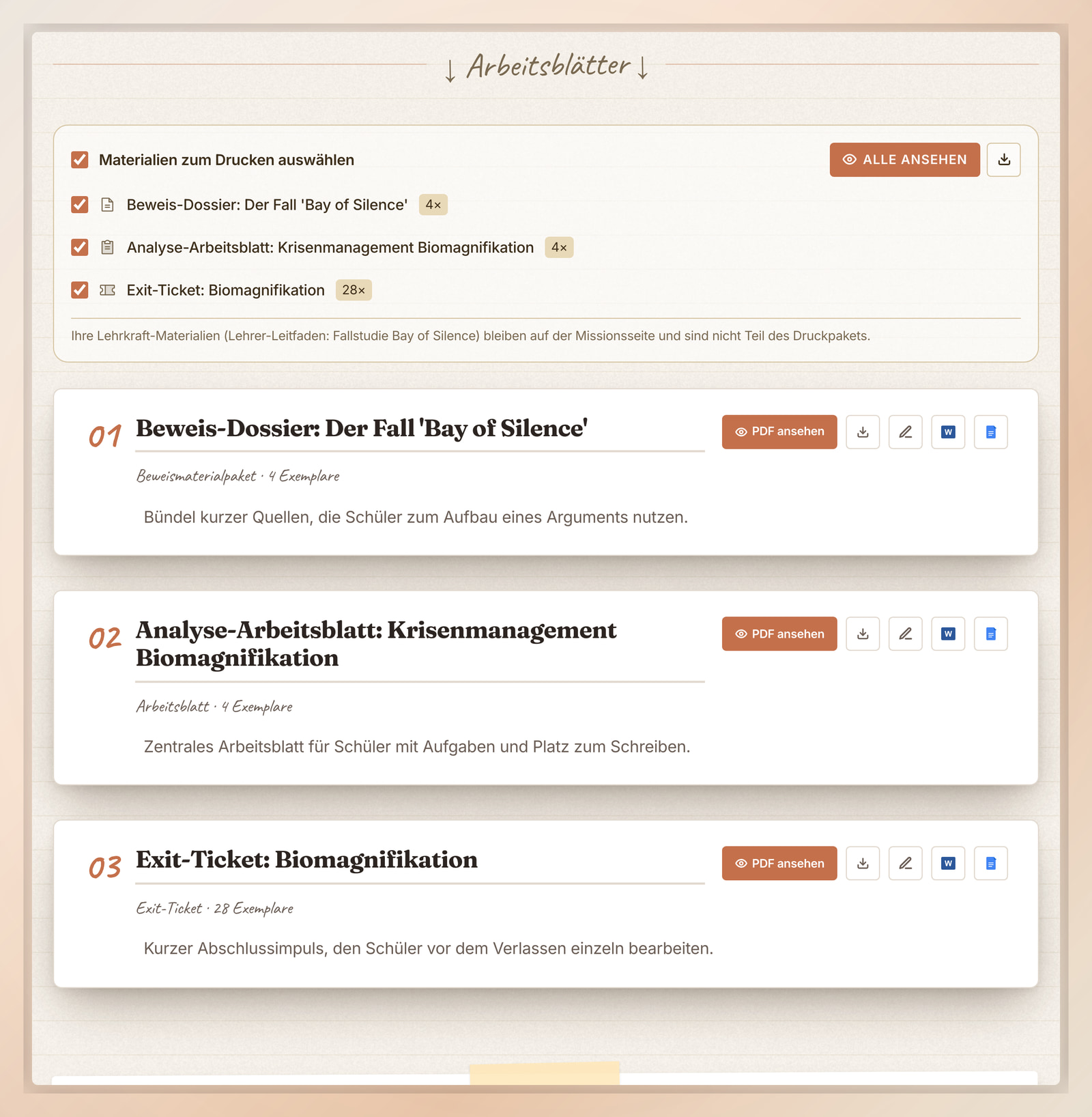 Druckbare Schülermaterialien in Flip Education mit Exportoptionen für PDF anzeigen, Word und Google Docs
