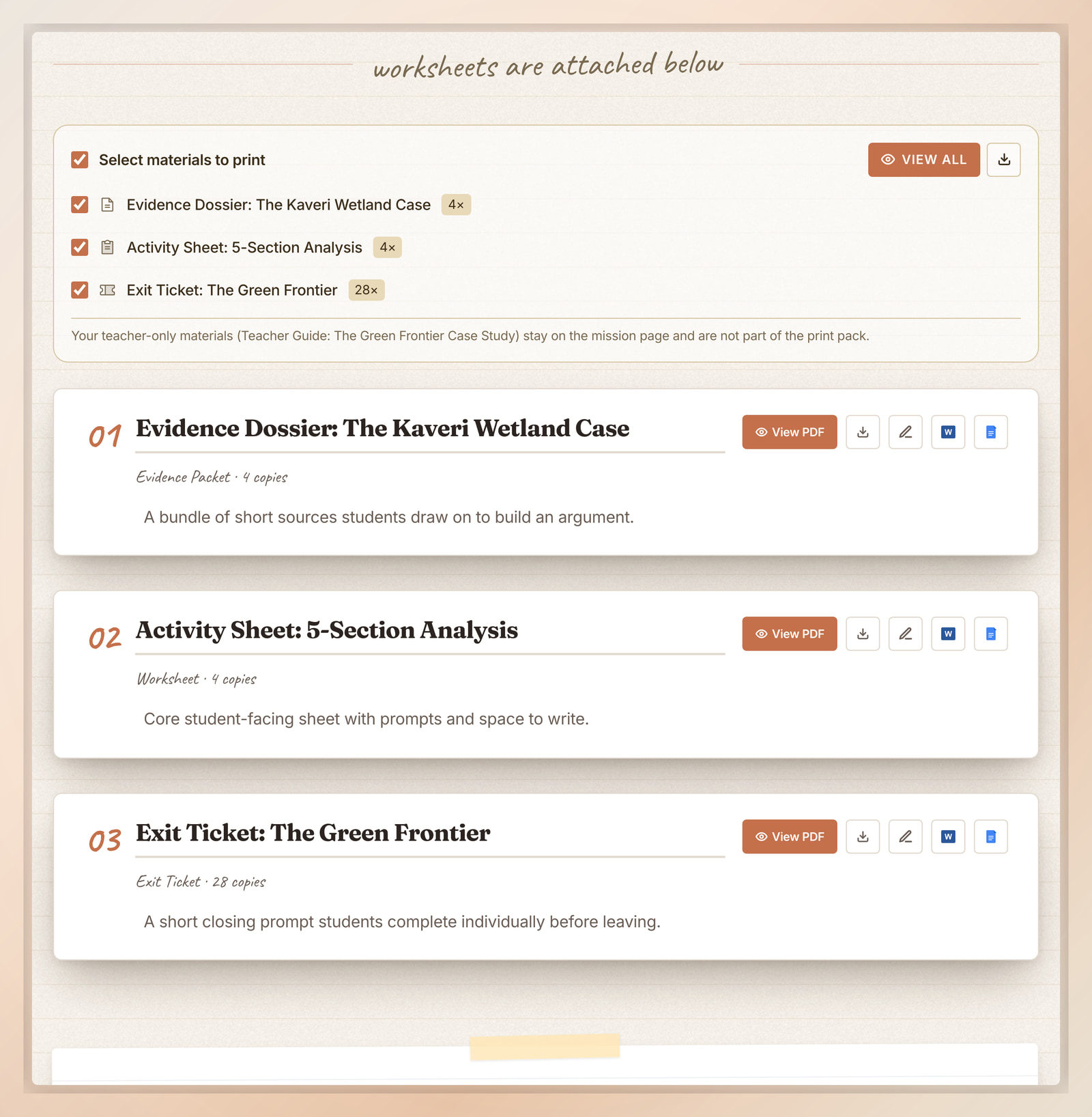 Printable student handouts in Flip Education with View PDF, Word, and Google Docs export options