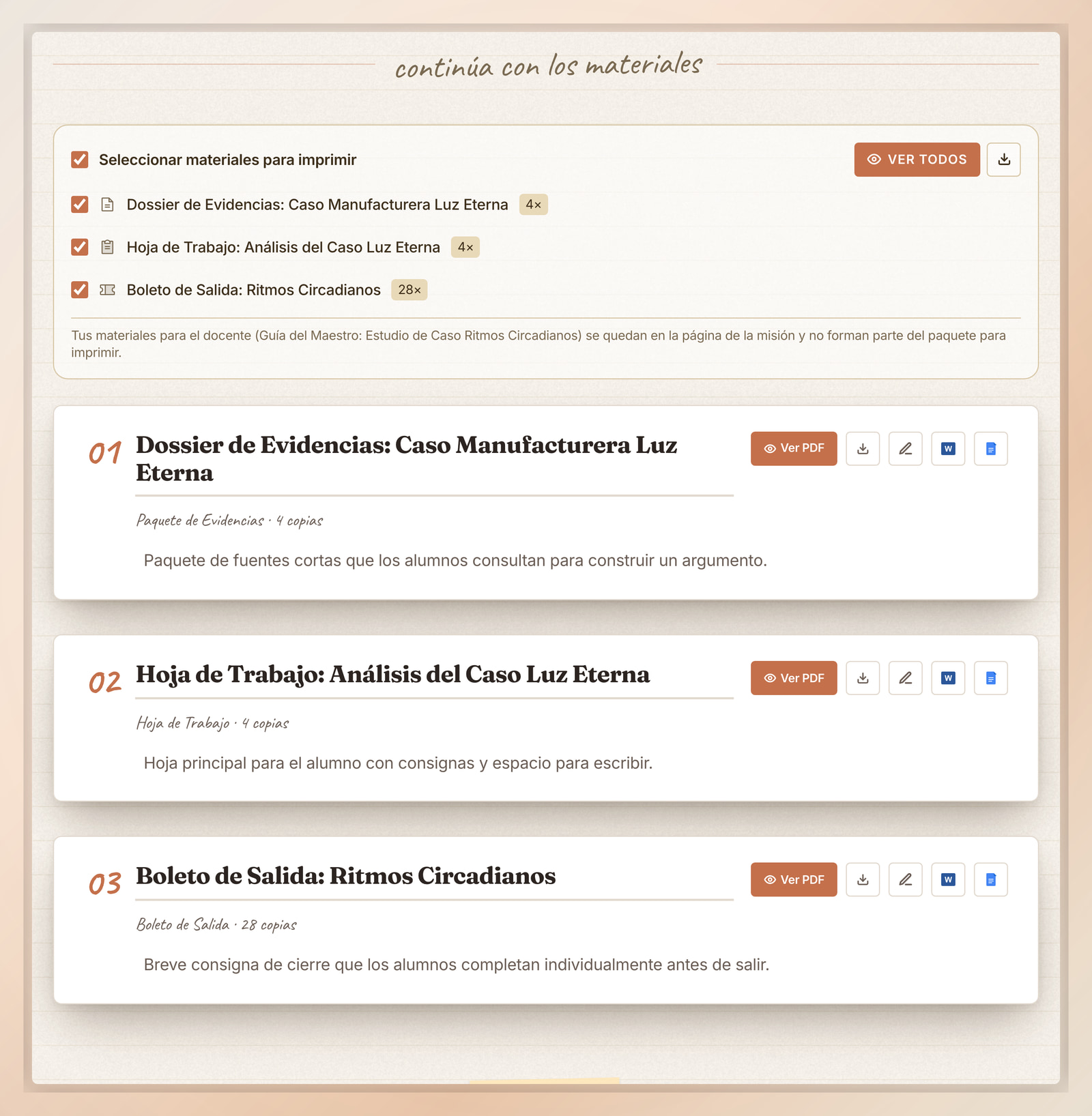 Materiales para estudiantes para imprimir en la Flip Education con opciones de exportación a Ver PDF, Word y Google Docs
