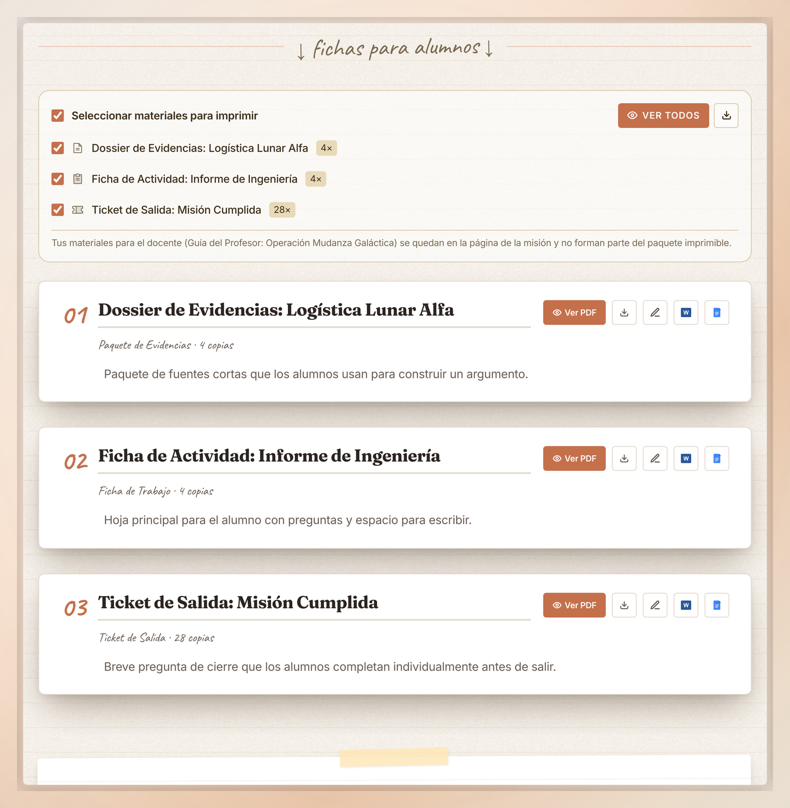 Materiales para el alumnado para imprimir en la Flip Education con opciones de exportación a Ver PDF, Word y Google Docs