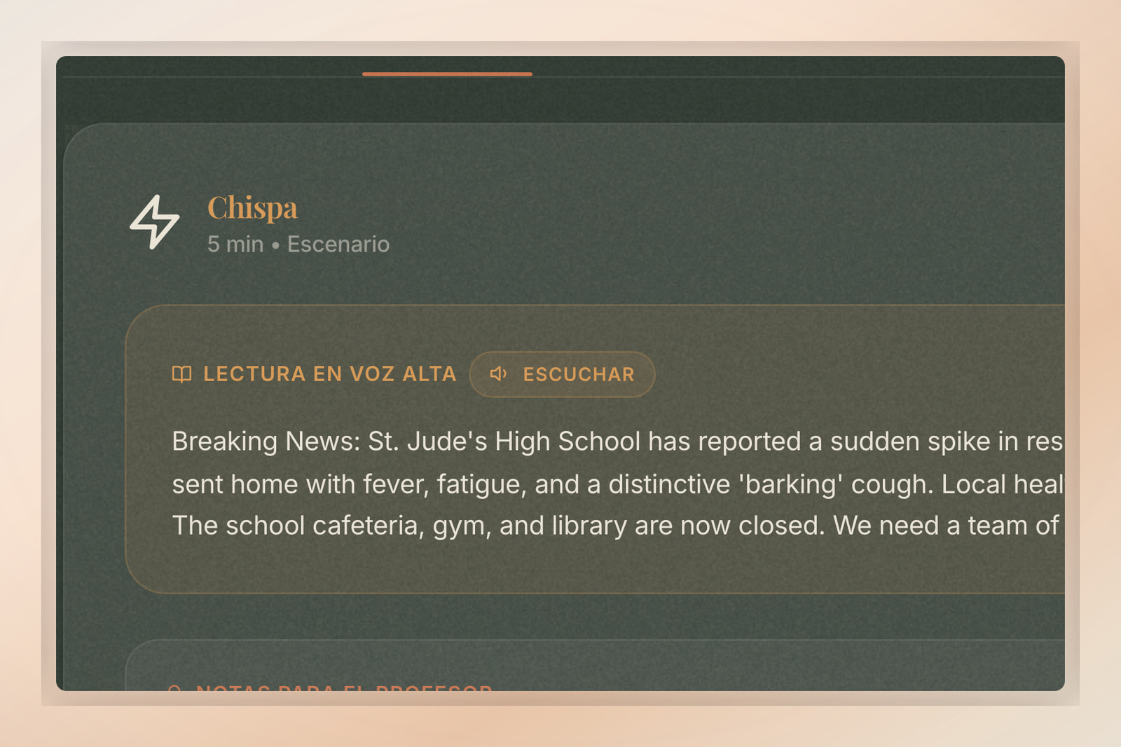Pantalla del botón de escucha destacado en la sección Spark de una misión de la Flip Education