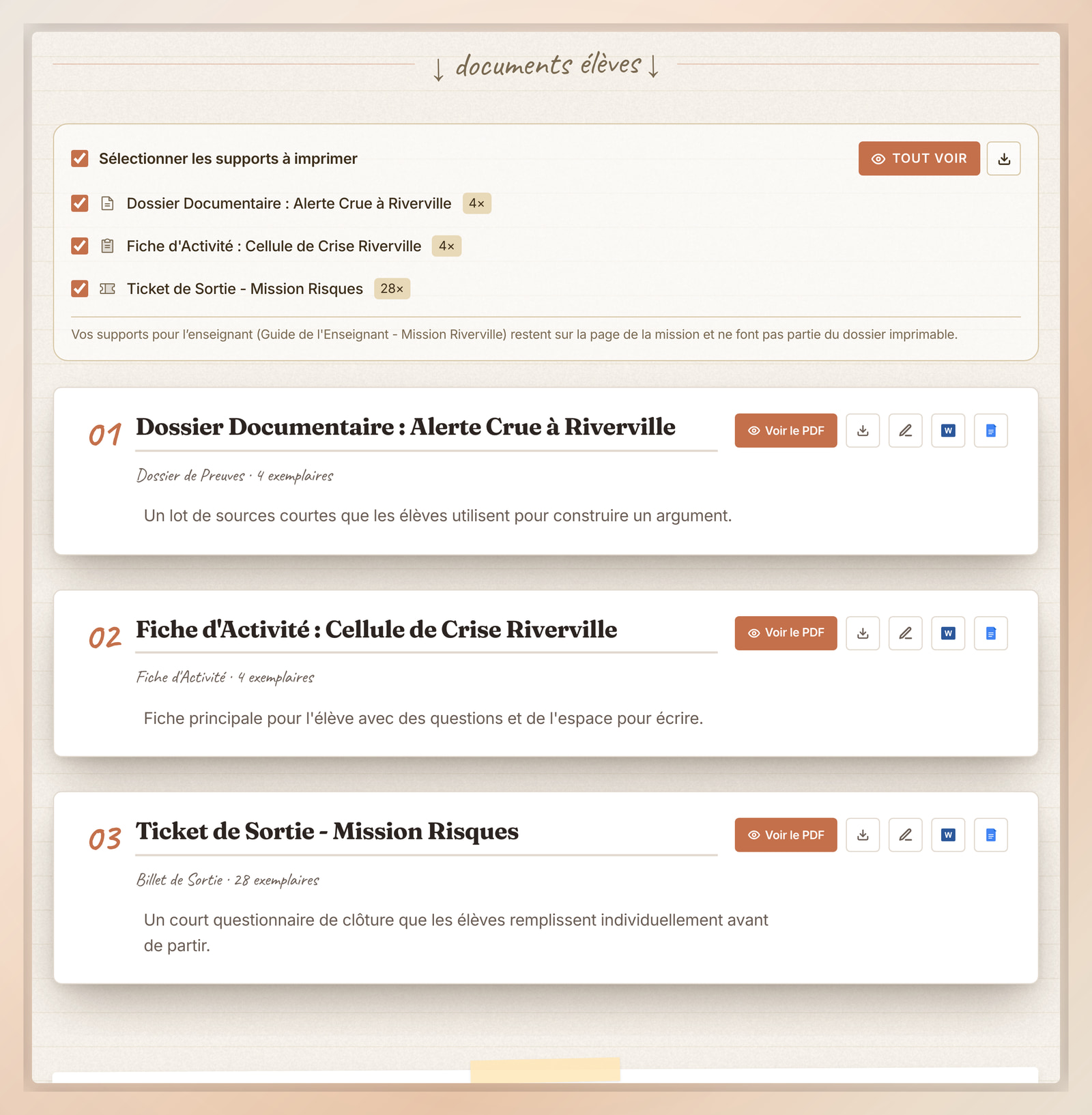 Supports élèves à imprimer dans la Flip Education avec des options d'export vers Voir le PDF, Word et Google Docs