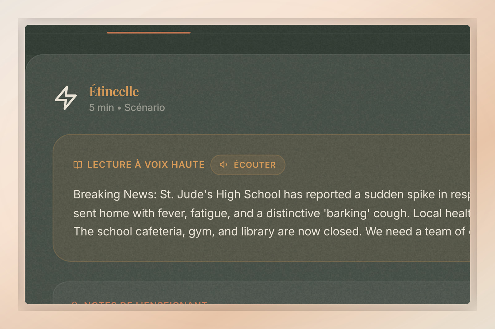 Écran montrant le bouton d'écoute mis en avant dans la section Spark d'une mission de la Flip Education