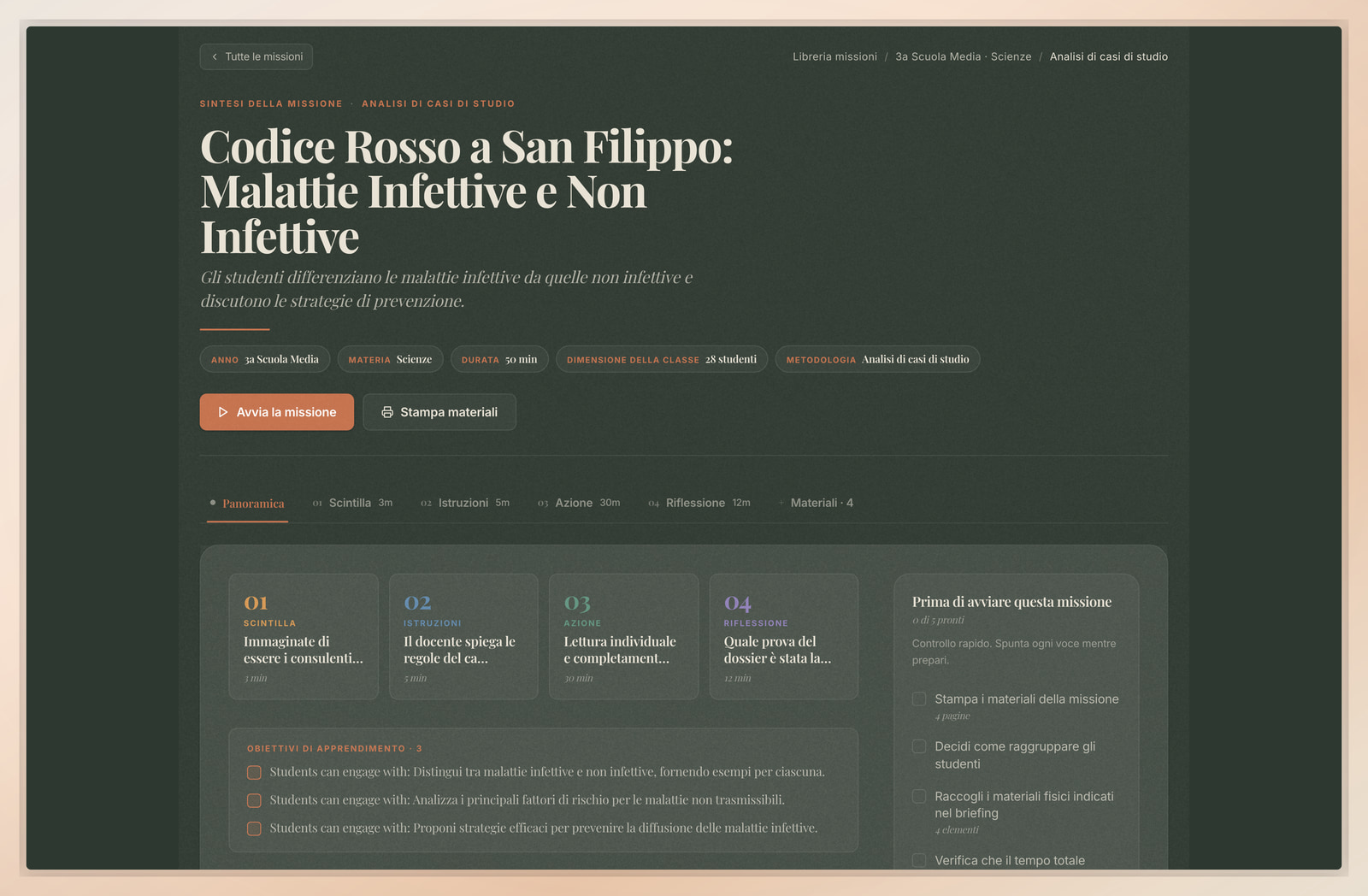 Una pagina missione di Flip Education con passaggi della lezione e dettagli di preparazione più chiari