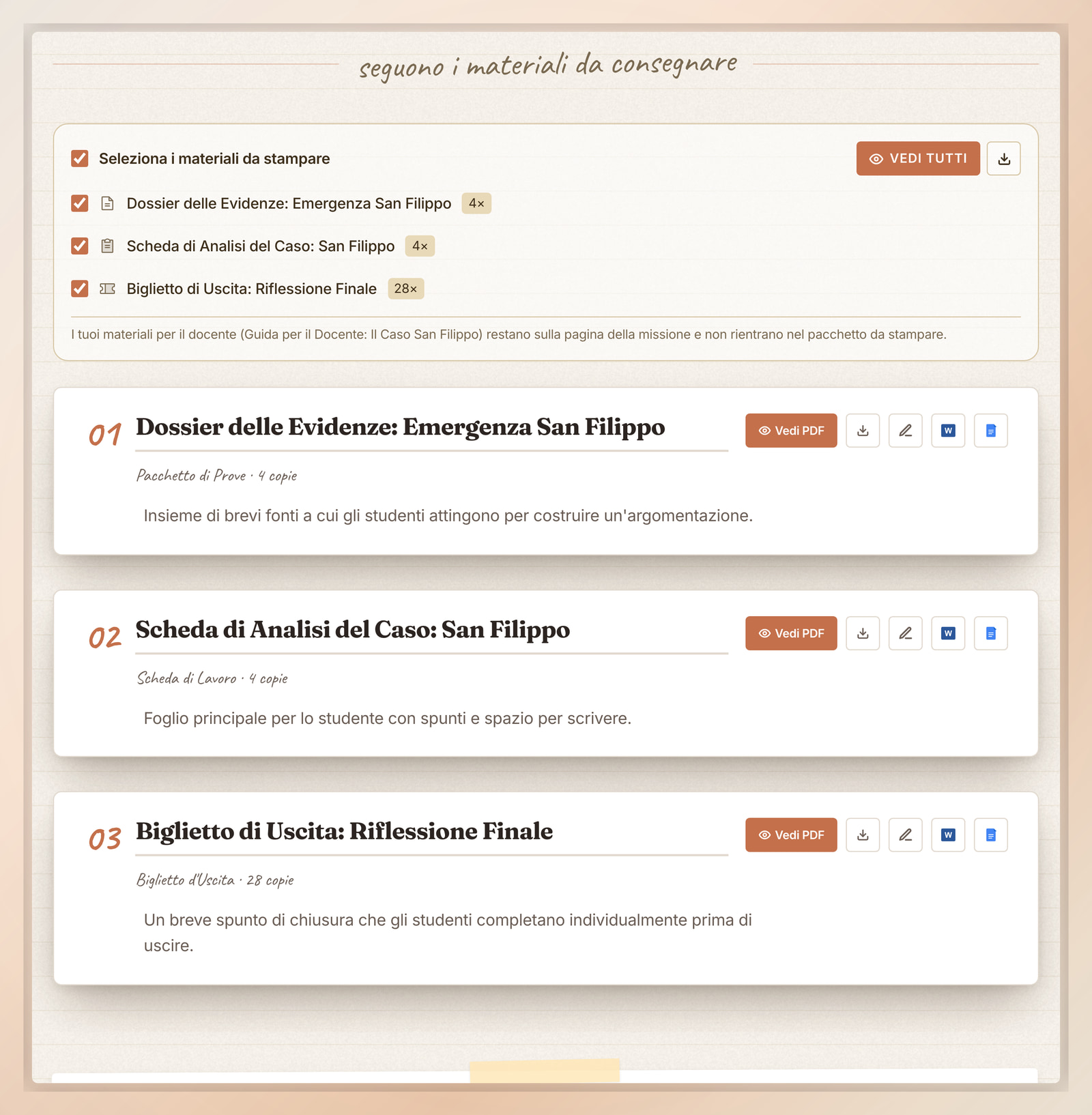 Materiali per studenti da stampare in Flip Education con opzioni di esportazione per Visualizza PDF, Word e Google Docs